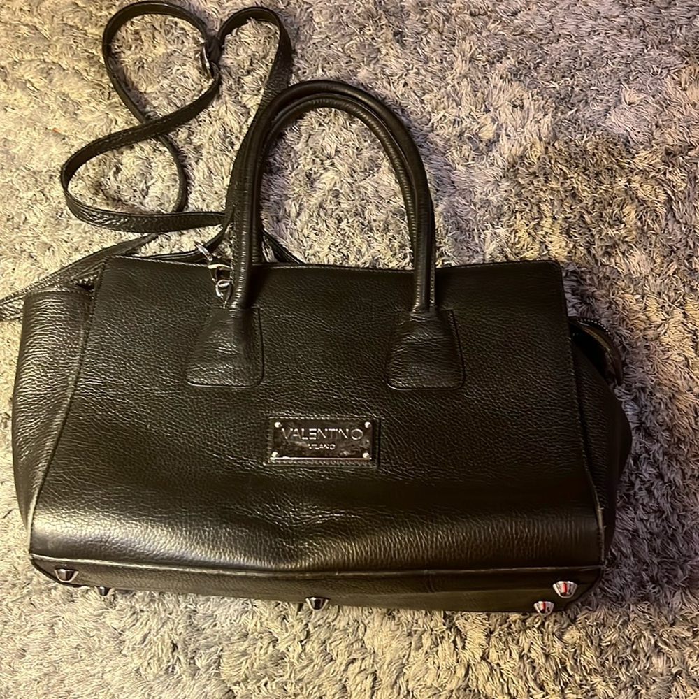Valentino Leather Bag, Designer Italian Blsck Bag Purse Tote